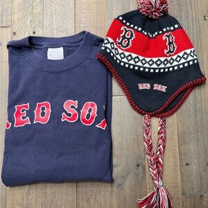 Red Sox Beanie with Tassels and Vintage Majestic Shirt